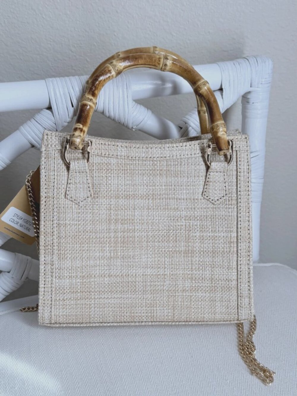 Tommy Bahama Natural Woven Straw Bag Crossbody Bamboo Handles Gold Chaiт NWT - Picture 9 of 16